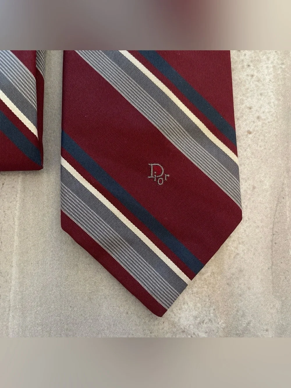 VTG Christian Dior Men’s Necktie Maroon White Blue Stripe Logo Wording